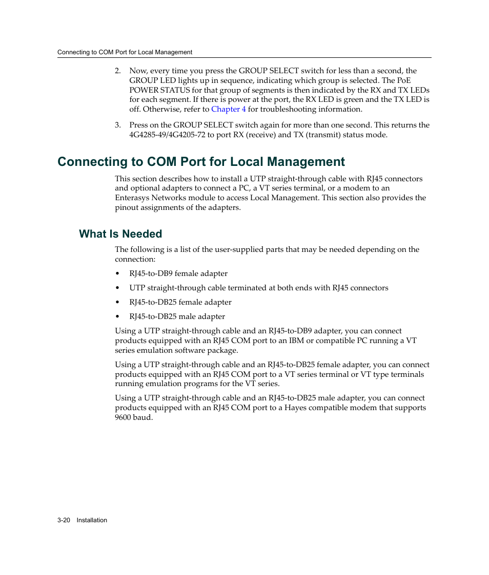 Connecting to com port for local management, What is needed, Connecting to com port for local management -20 | What is needed -20 | Enterasys Networks Enterasys Gold Distributed Forwarding Engine 4G4285-49 User Manual | Page 54 / 100