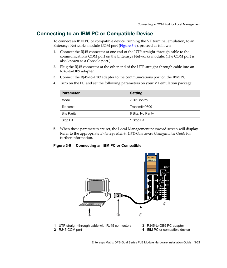 Connecting to an ibm pc or compatible device, Connecting to an ibm pc or compatible device -21, Connecting an ibm pc or compatible -21 | Вг а б | Enterasys Networks Enterasys Gold Distributed Forwarding Engine 4G4285-49 User Manual | Page 55 / 100