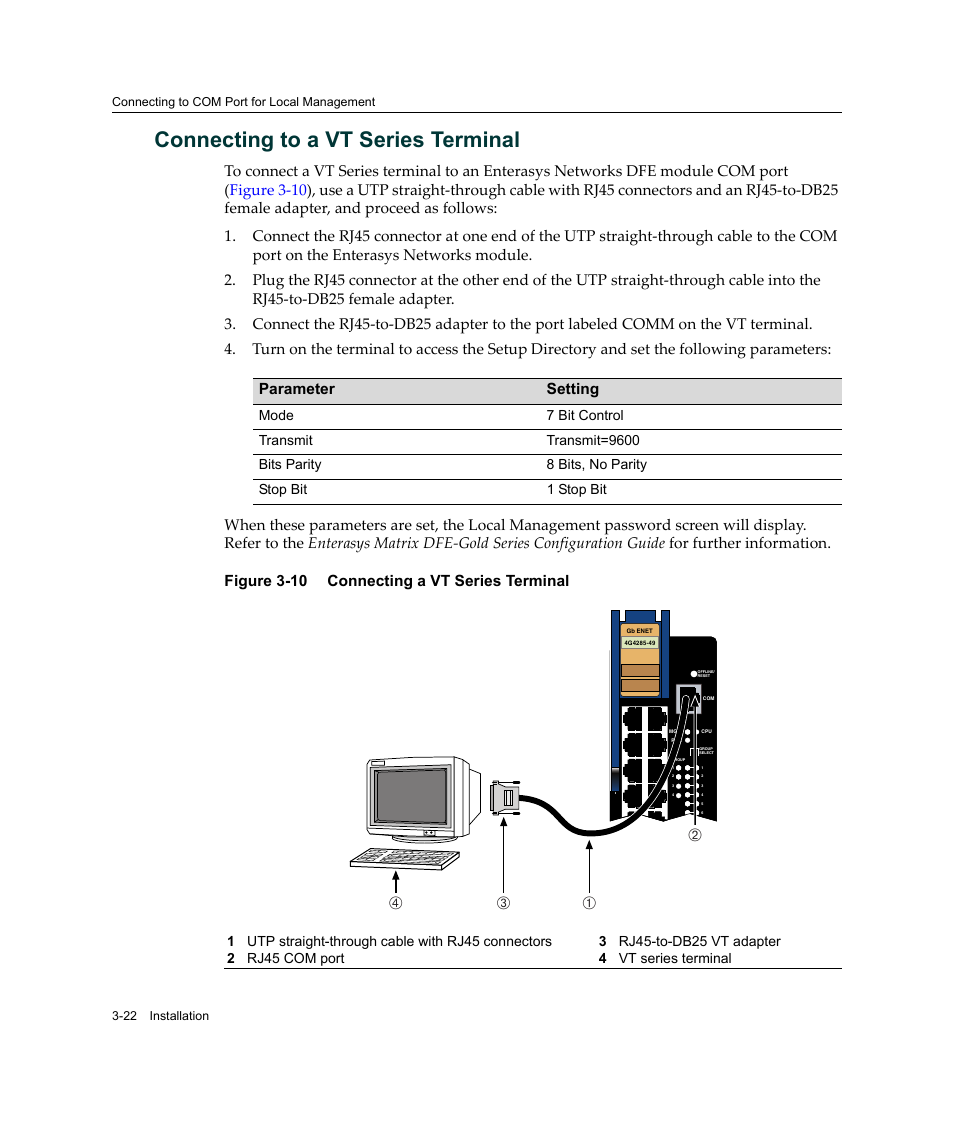 Connecting to a vt series terminal, Connecting to a vt series terminal -22, Connecting a vt series terminal -22 | Ва г | Enterasys Networks Enterasys Gold Distributed Forwarding Engine 4G4285-49 User Manual | Page 56 / 100