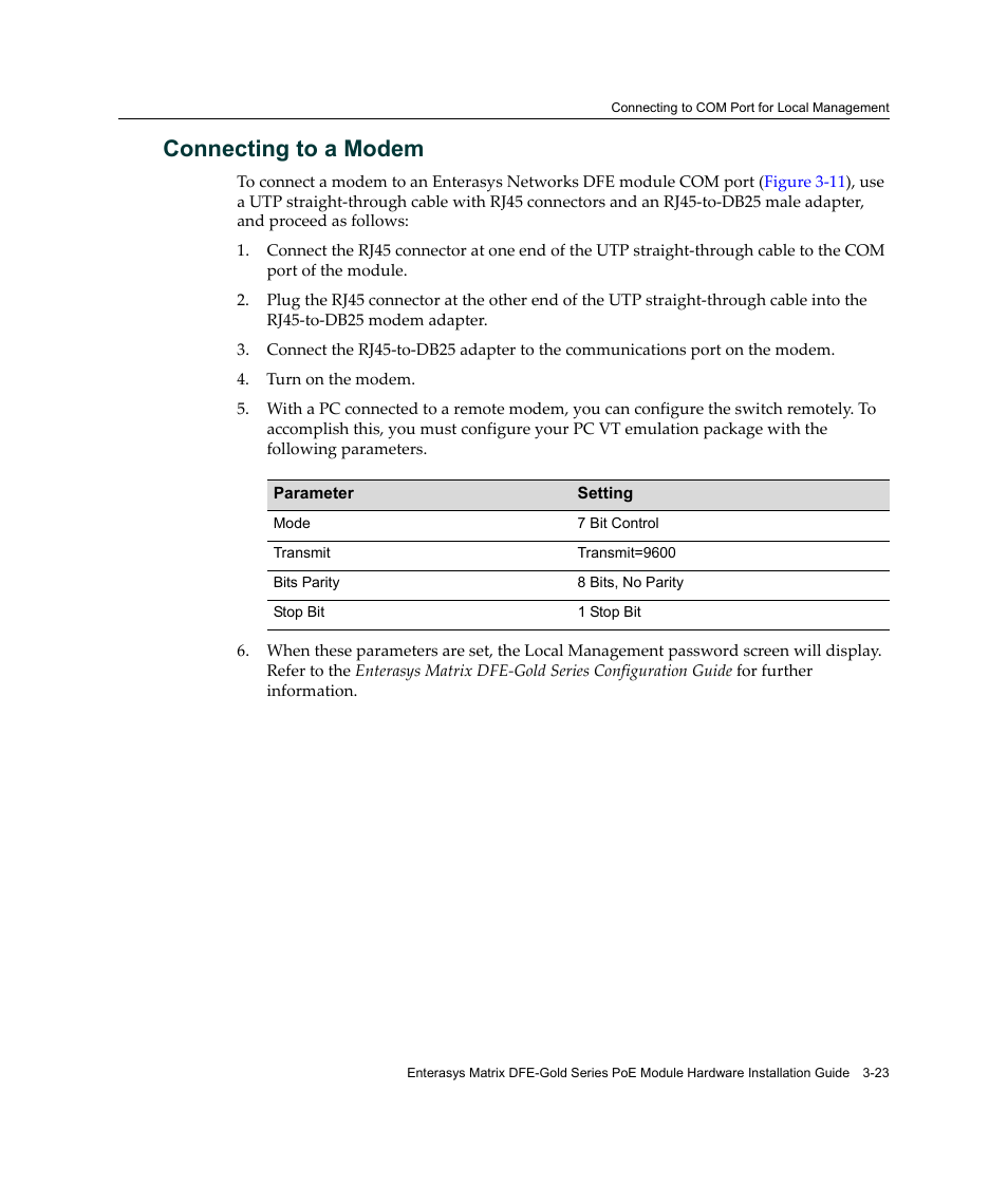 Connecting to a modem, Connecting to a modem -23 | Enterasys Networks Enterasys Gold Distributed Forwarding Engine 4G4285-49 User Manual | Page 57 / 100