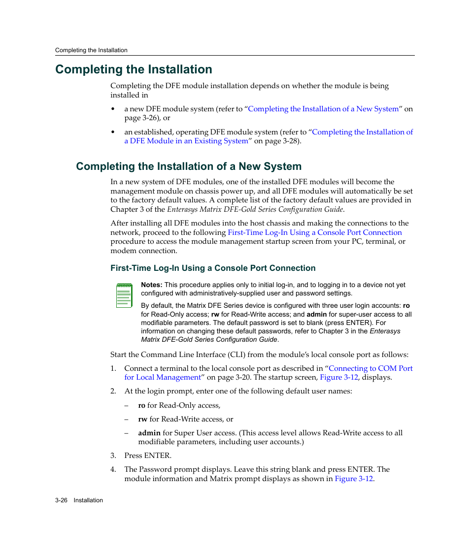 Completing the installation, Completing the installation of a new system, Completing the installation -26 | Completing the installation of a new system -26 | Enterasys Networks Enterasys Gold Distributed Forwarding Engine 4G4285-49 User Manual | Page 60 / 100