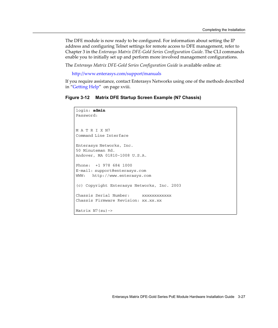 Matrix dfe startup screen example (n7 chassis) -27, Figure 3‐12 | Enterasys Networks Enterasys Gold Distributed Forwarding Engine 4G4285-49 User Manual | Page 61 / 100