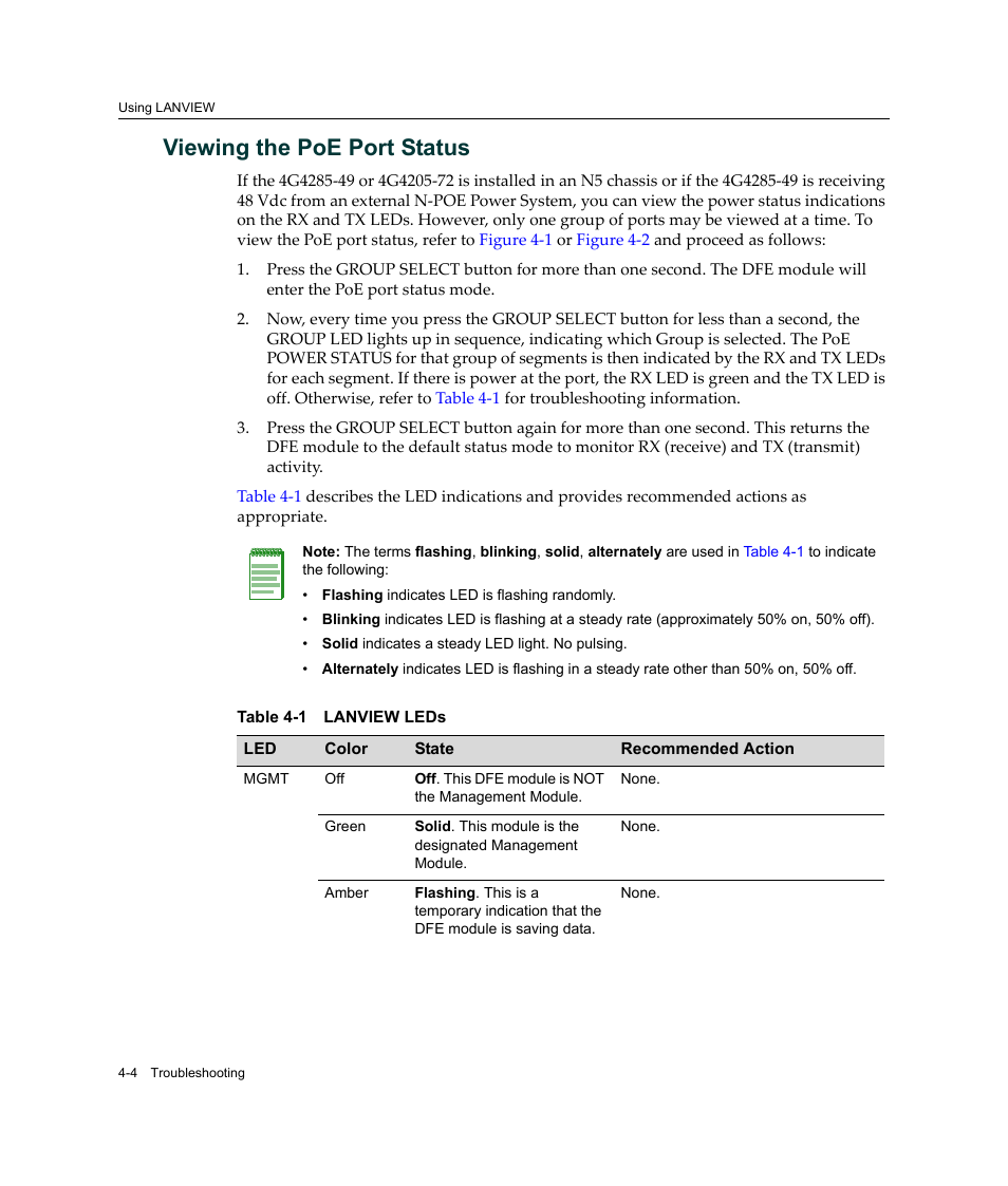 Viewing the poe port status, Viewing the poe port status -4, Lanview leds -4 | Enterasys Networks Enterasys Gold Distributed Forwarding Engine 4G4285-49 User Manual | Page 66 / 100