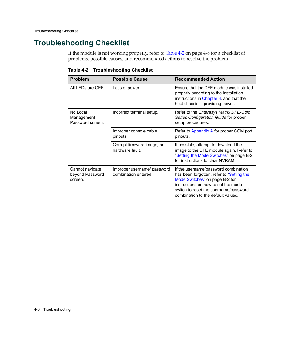 Troubleshooting checklist, Troubleshooting checklist -8 | Enterasys Networks Enterasys Gold Distributed Forwarding Engine 4G4285-49 User Manual | Page 70 / 100