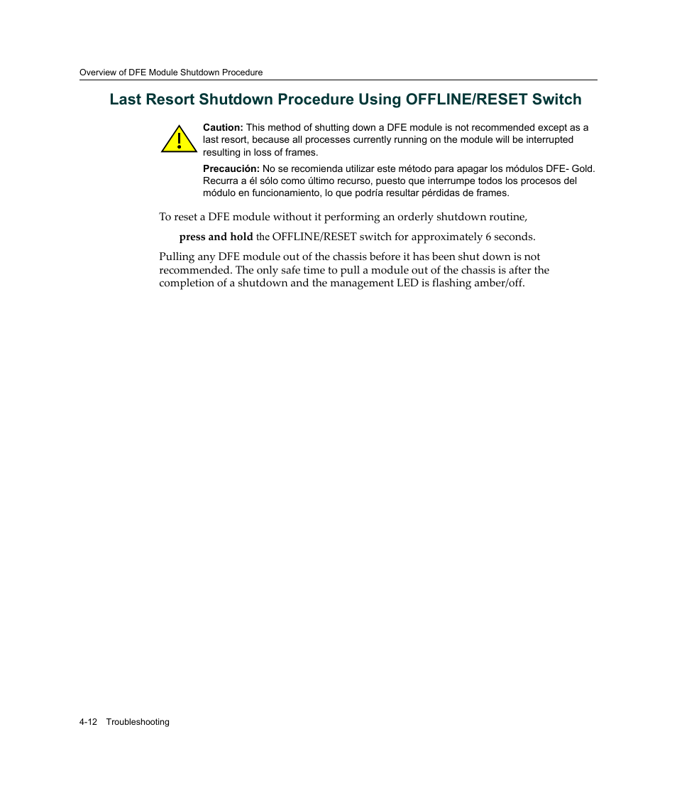 Last resort shutdown, Procedure using offline/reset switch | Enterasys Networks Enterasys Gold Distributed Forwarding Engine 4G4285-49 User Manual | Page 74 / 100