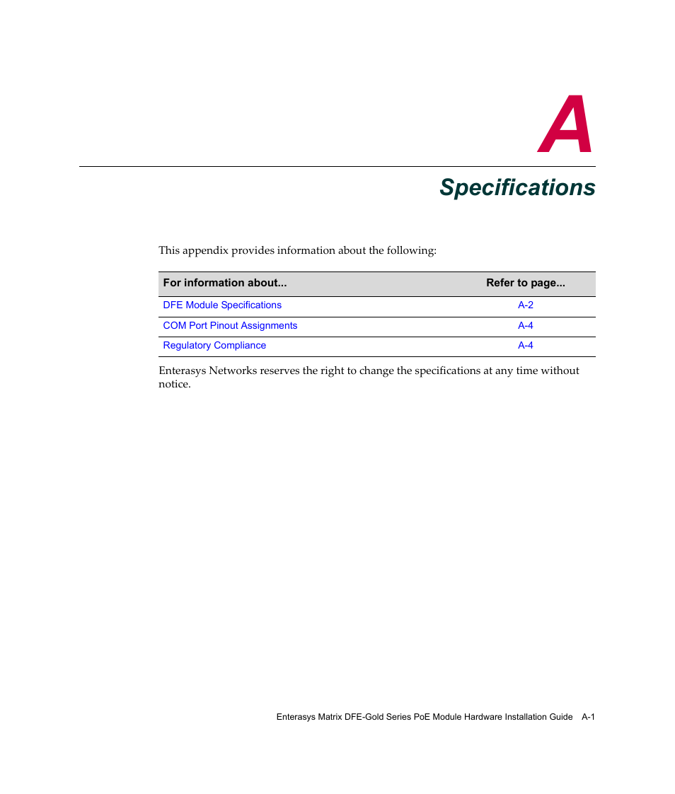 Specifications, Appendix a: specifications, Appendix a | Enterasys Networks Enterasys Gold Distributed Forwarding Engine 4G4285-49 User Manual | Page 75 / 100