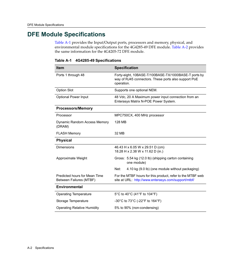 Dfe module specifications | Enterasys Networks Enterasys Gold Distributed Forwarding Engine 4G4285-49 User Manual | Page 76 / 100