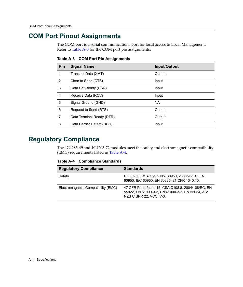 Com port pinout assignments, Regulatory compliance | Enterasys Networks Enterasys Gold Distributed Forwarding Engine 4G4285-49 User Manual | Page 78 / 100