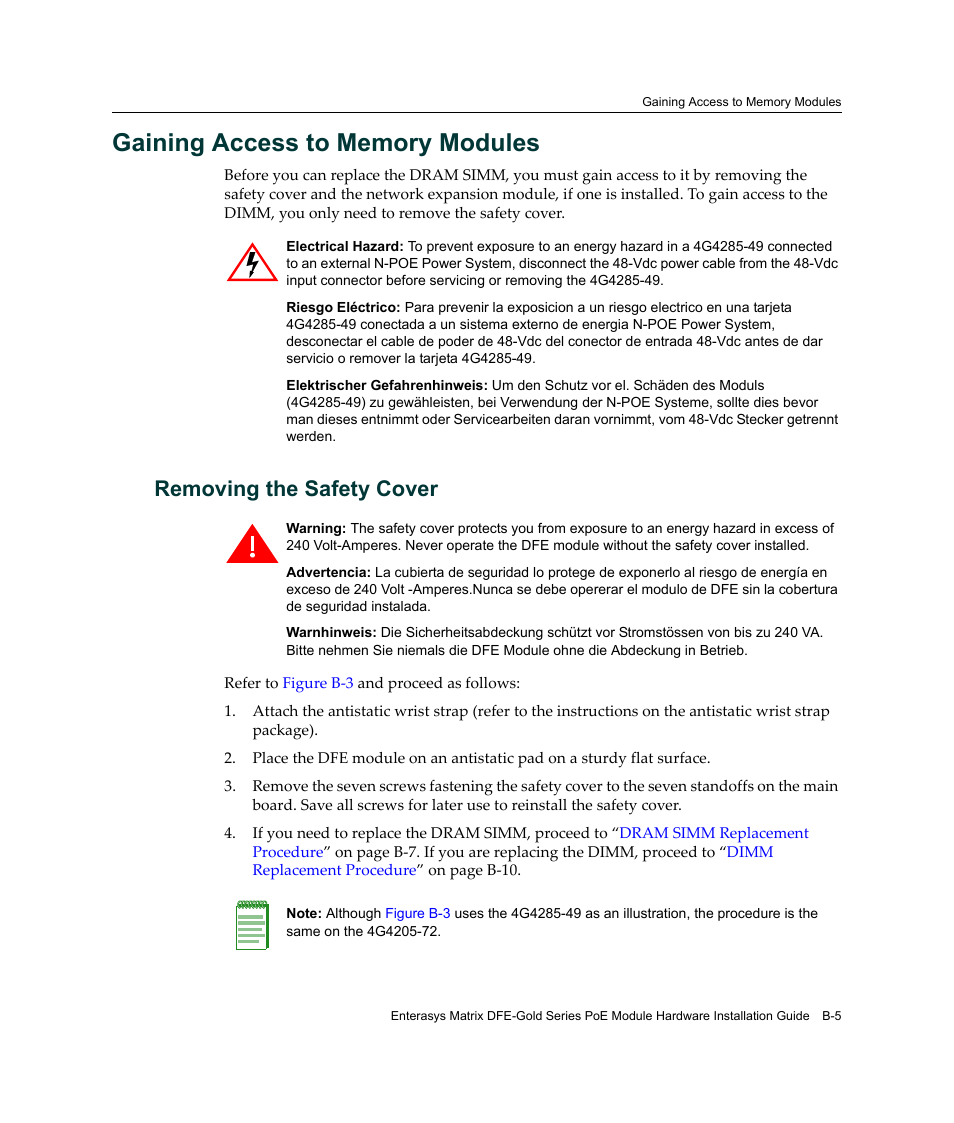 Gaining access to memory modules, Removing the safety cover | Enterasys Networks Enterasys Gold Distributed Forwarding Engine 4G4285-49 User Manual | Page 83 / 100