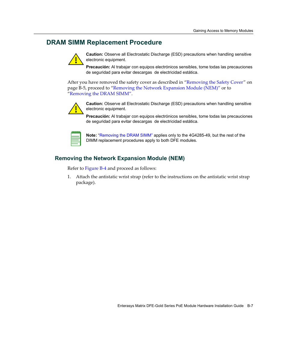 Dram simm replacement procedure, Dram simm replacement, Procedure | Enterasys Networks Enterasys Gold Distributed Forwarding Engine 4G4285-49 User Manual | Page 85 / 100