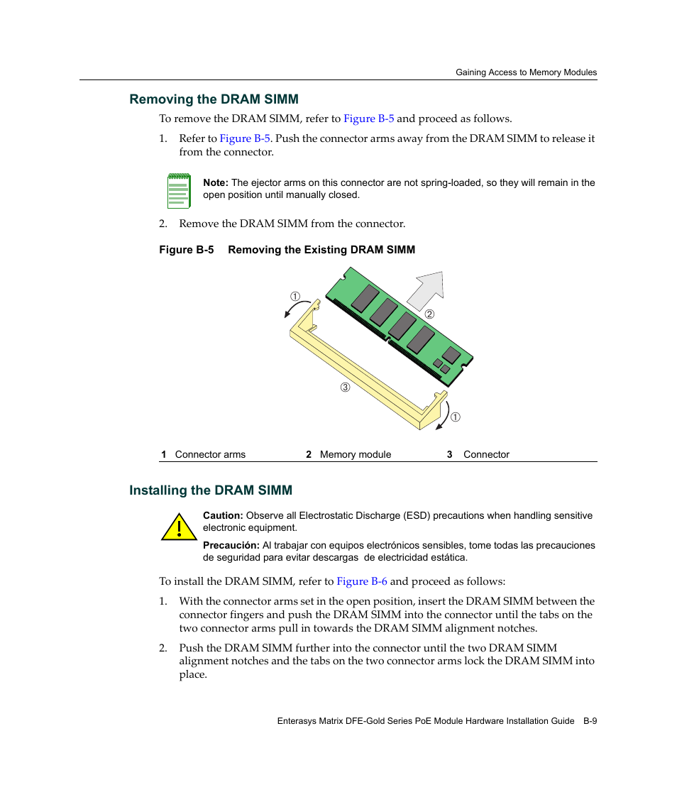 Removing the dram simm, Note | Enterasys Networks Enterasys Gold Distributed Forwarding Engine 4G4285-49 User Manual | Page 87 / 100