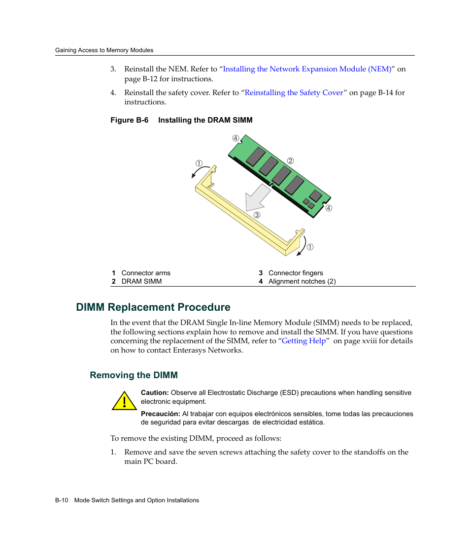 Dimm replacement procedure, Dimm, Replacement procedure | Removing the dimm, Figure b‐6 | Enterasys Networks Enterasys Gold Distributed Forwarding Engine 4G4285-49 User Manual | Page 88 / 100