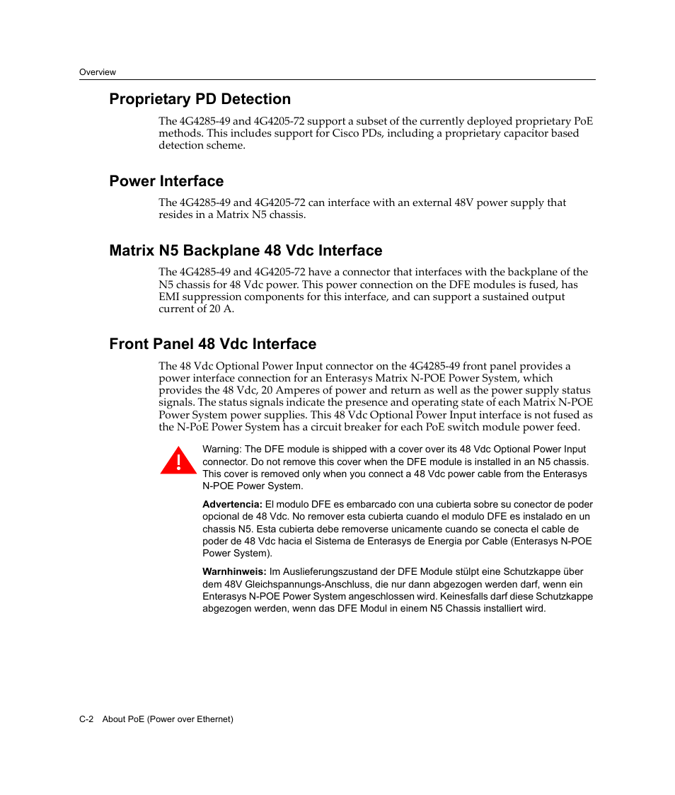 Proprietary pd detection, Power interface, Matrix n5 backplane 48 vdc interface | Front panel 48 vdc interface | Enterasys Networks Enterasys Gold Distributed Forwarding Engine 4G4285-49 User Manual | Page 96 / 100