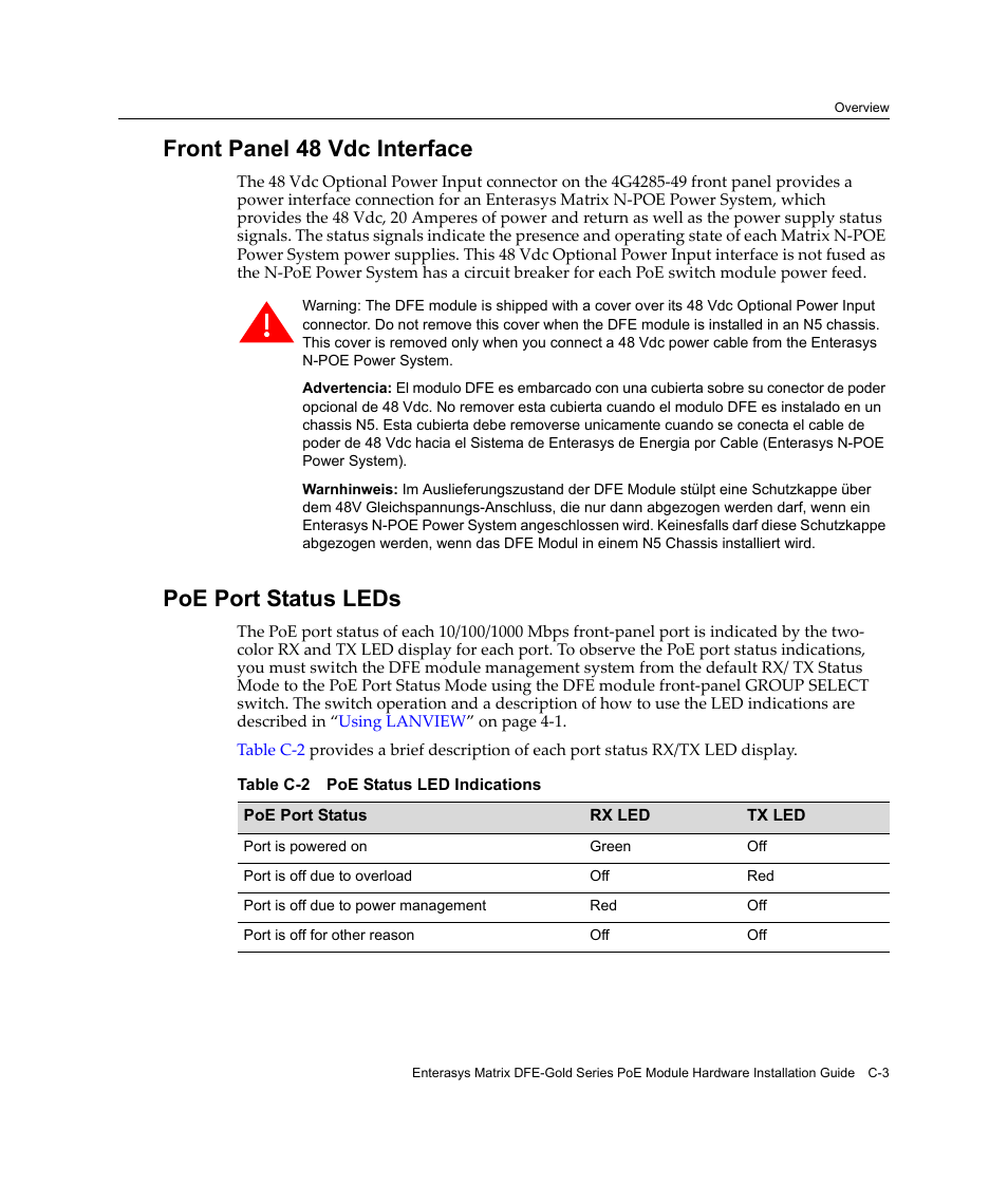 Front panel 48 vdc interface, Poe port status leds | Enterasys Networks Enterasys Gold Distributed Forwarding Engine 4G4285-49 User Manual | Page 97 / 100