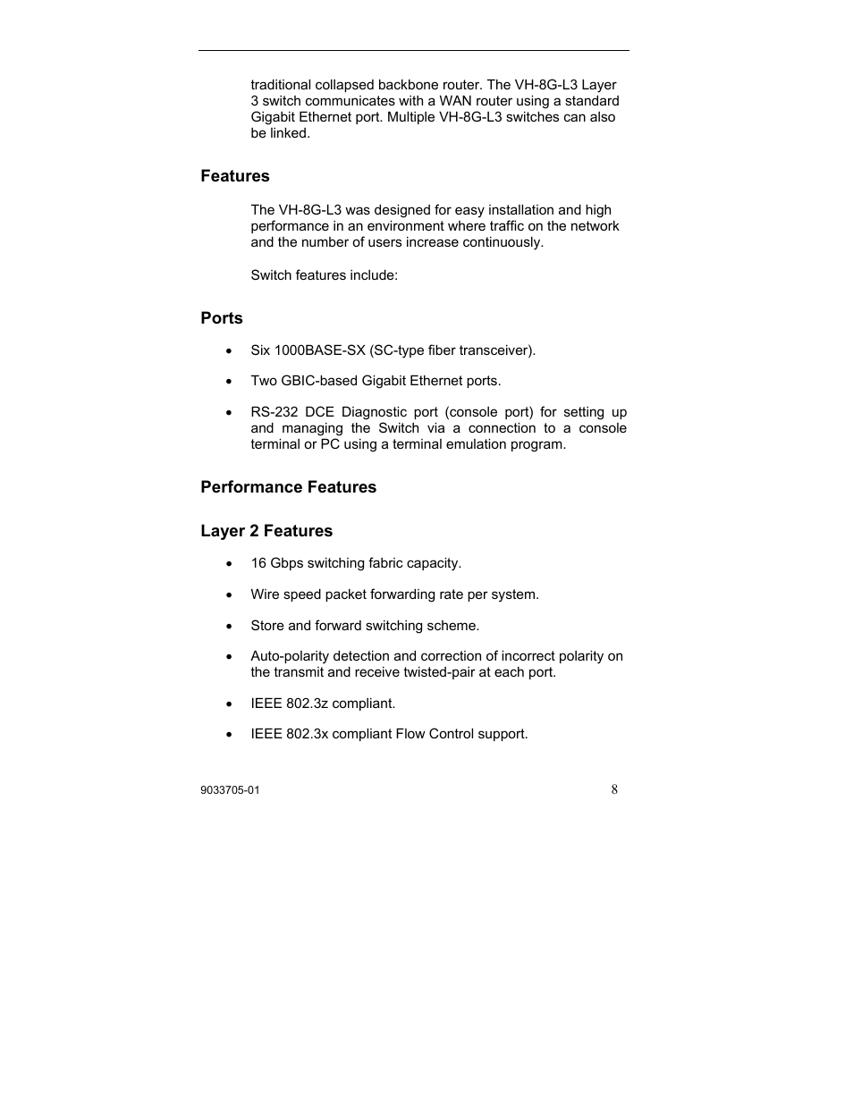 Features, Ports, Performance features | Layer 2 features | Enterasys Networks VH-8G-L3 User Manual | Page 18 / 41