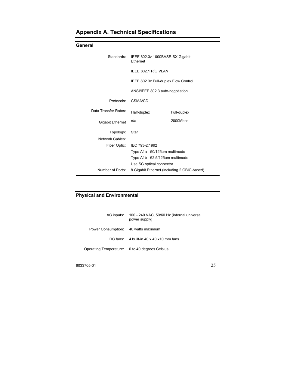 Technical specifications, Appendix a. technical specifications | Enterasys Networks VH-8G-L3 User Manual | Page 35 / 41