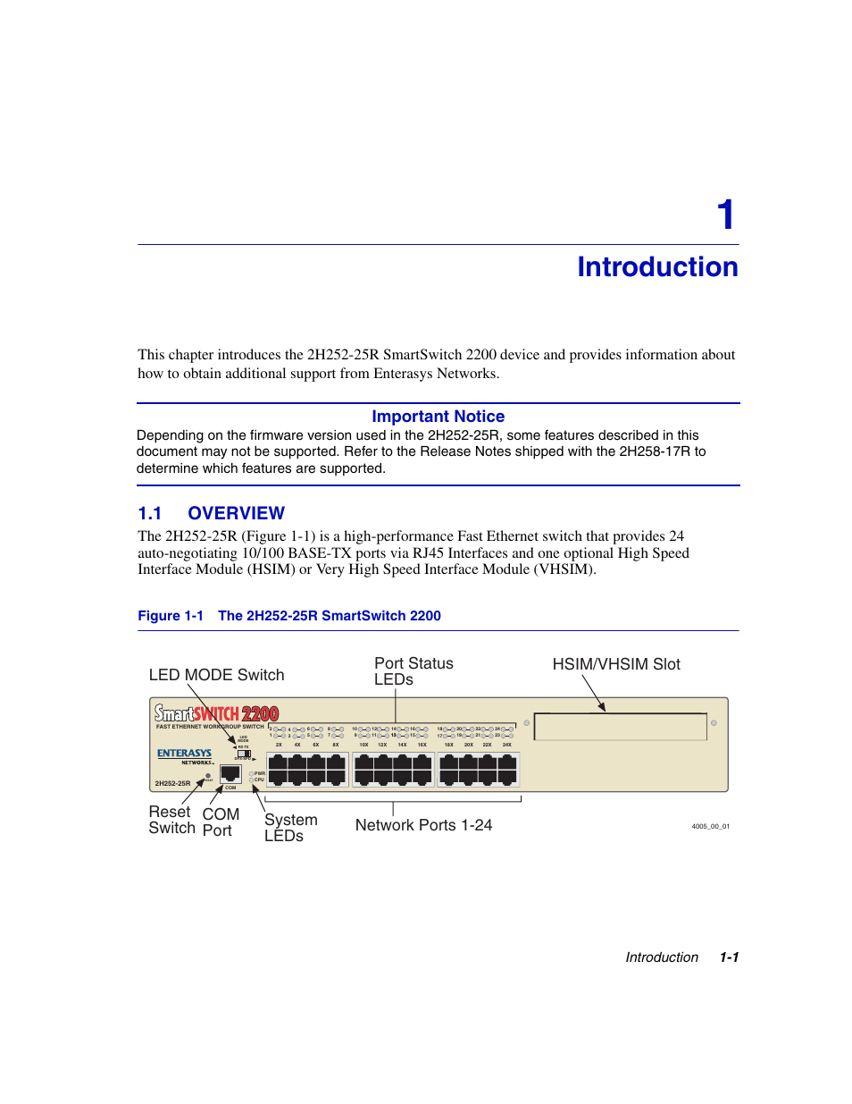 Introduction, 1 overview, Overview -1 | The 2h252-25r smartswitch 2200, Chapter 1, Oduction, Important notice, Introduction 1-1 | Enterasys Networks 2H252-25R User Manual | Page 17 / 64