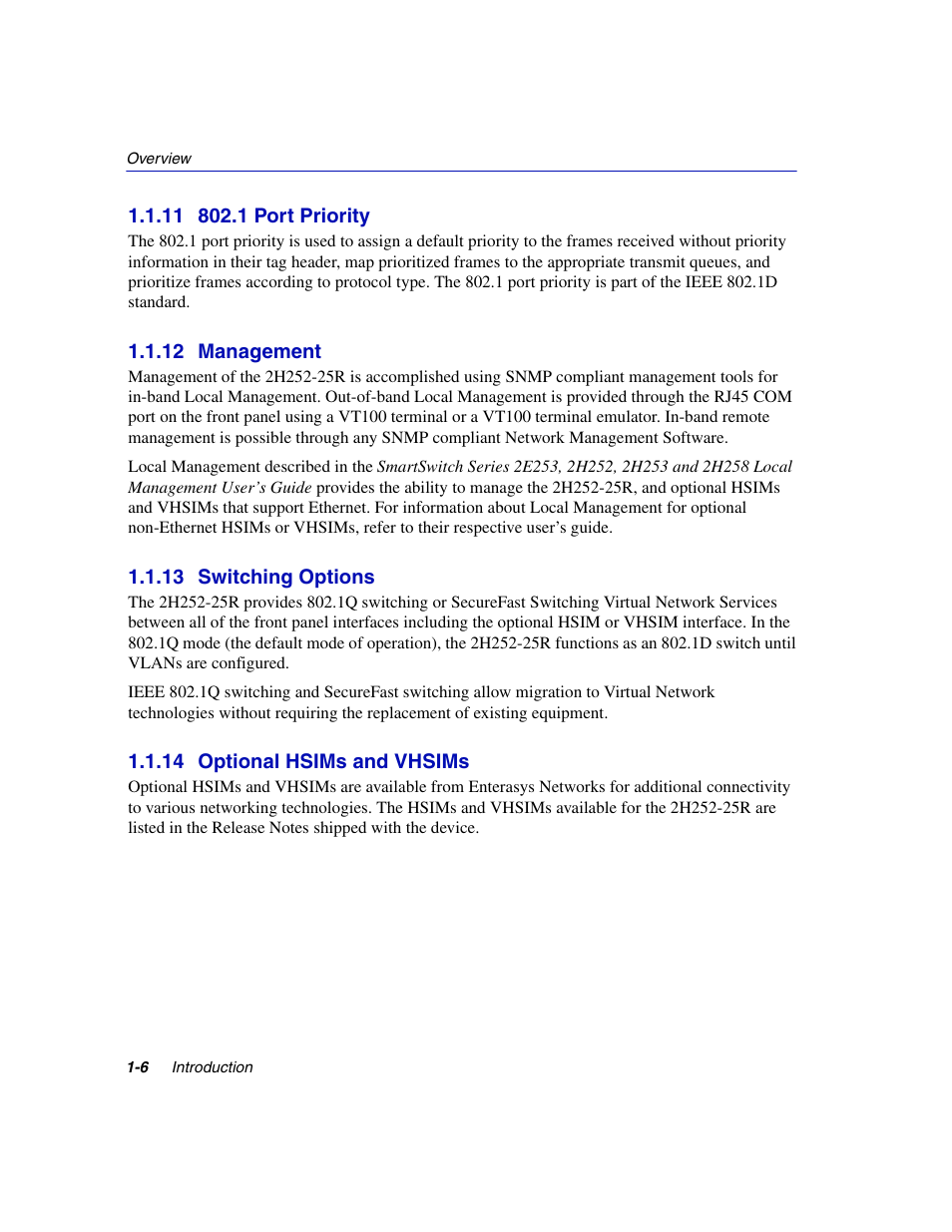 11 802.1 port priority, 12 management, 13 switching options | 14 optional hsims and vhsims, 1 port priority -6, Management -6, Switching options -6, Optional hsims an | Enterasys Networks 2H252-25R User Manual | Page 22 / 64