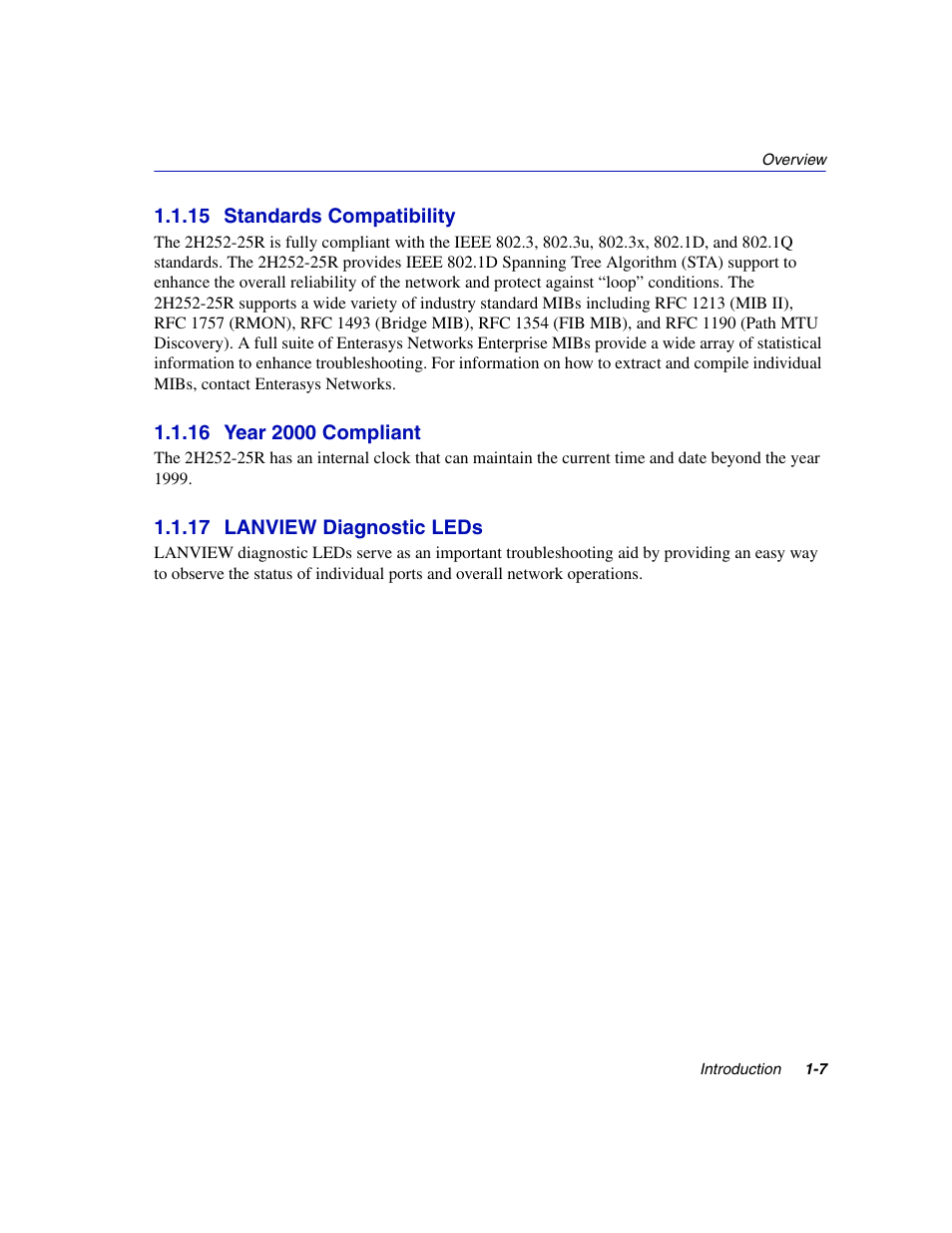 15 standards compatibility, 16 year 2000 compliant, 17 lanview diagnostic leds | Standards compatibility -7, Year 2000 compliant -7, Lanview diagnostic leds -7 | Enterasys Networks 2H252-25R User Manual | Page 23 / 64