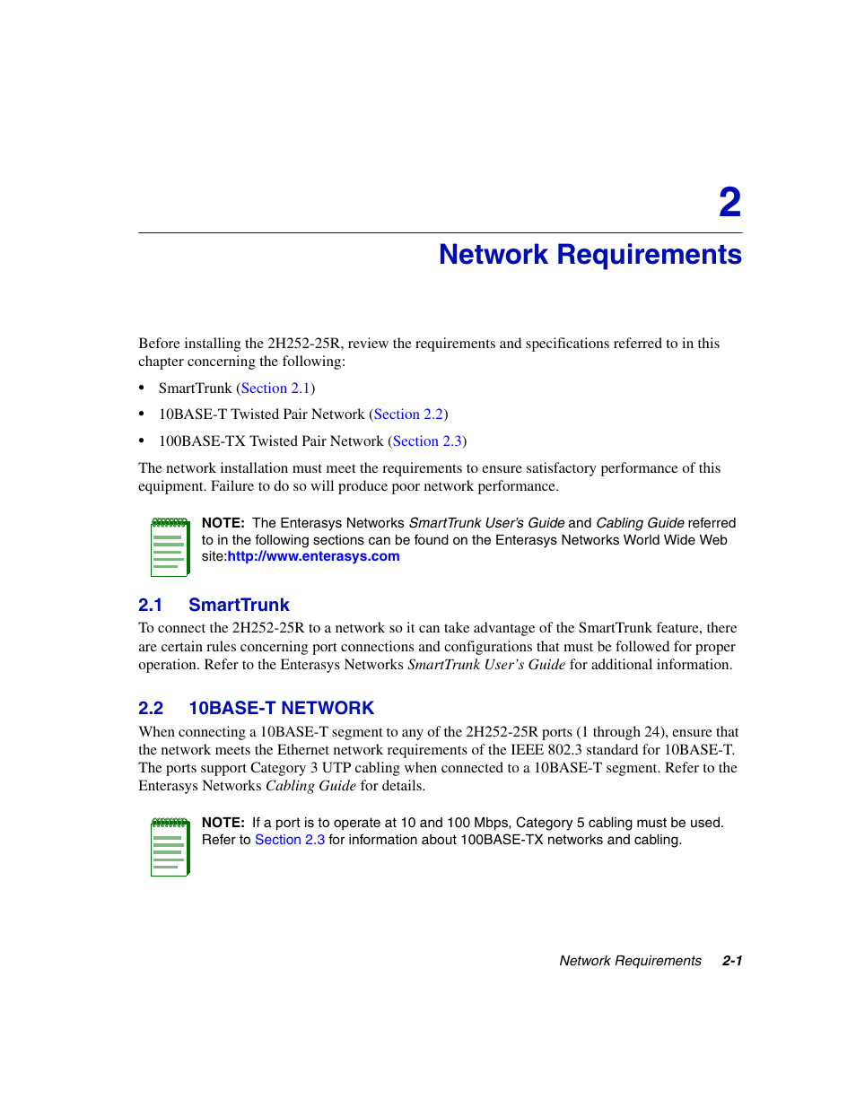 Network requirements, 1 smarttrunk, 2 10base-t network | 10base-t network -1, Chapter 2 | Enterasys Networks 2H252-25R User Manual | Page 25 / 64