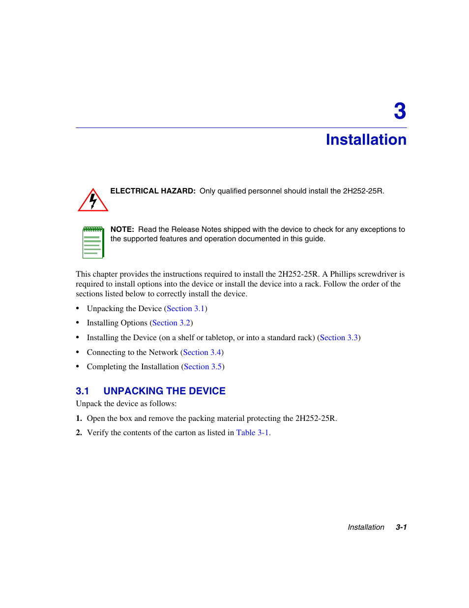 Installation, 1 unpacking the device, Unpacking the device -1 | Chapter 3 | Enterasys Networks 2H252-25R User Manual | Page 27 / 64