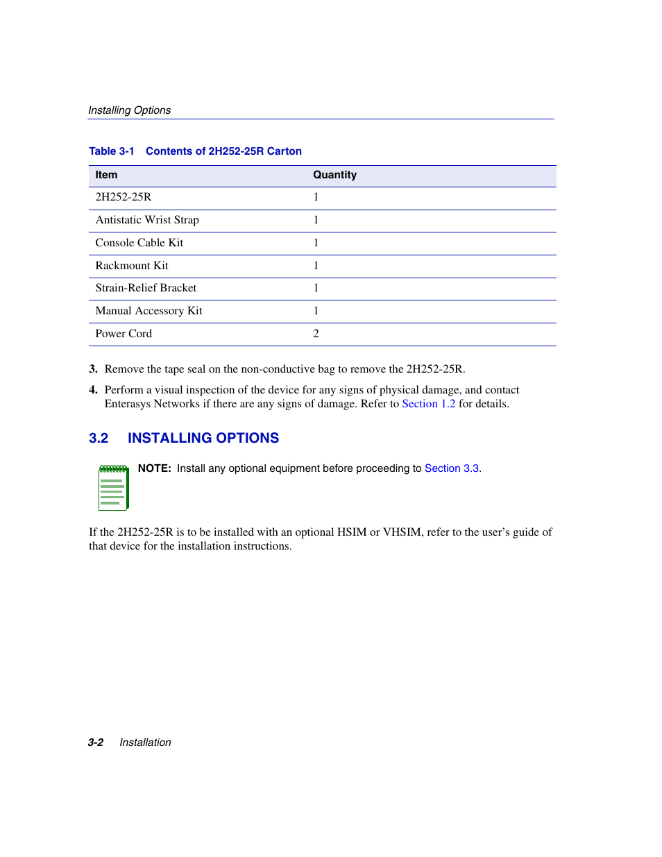 2 installing options, Installing options -2, Contents of 2h252-25r carton | Section 3.2, Ed in, Table 3-1 | Enterasys Networks 2H252-25R User Manual | Page 28 / 64