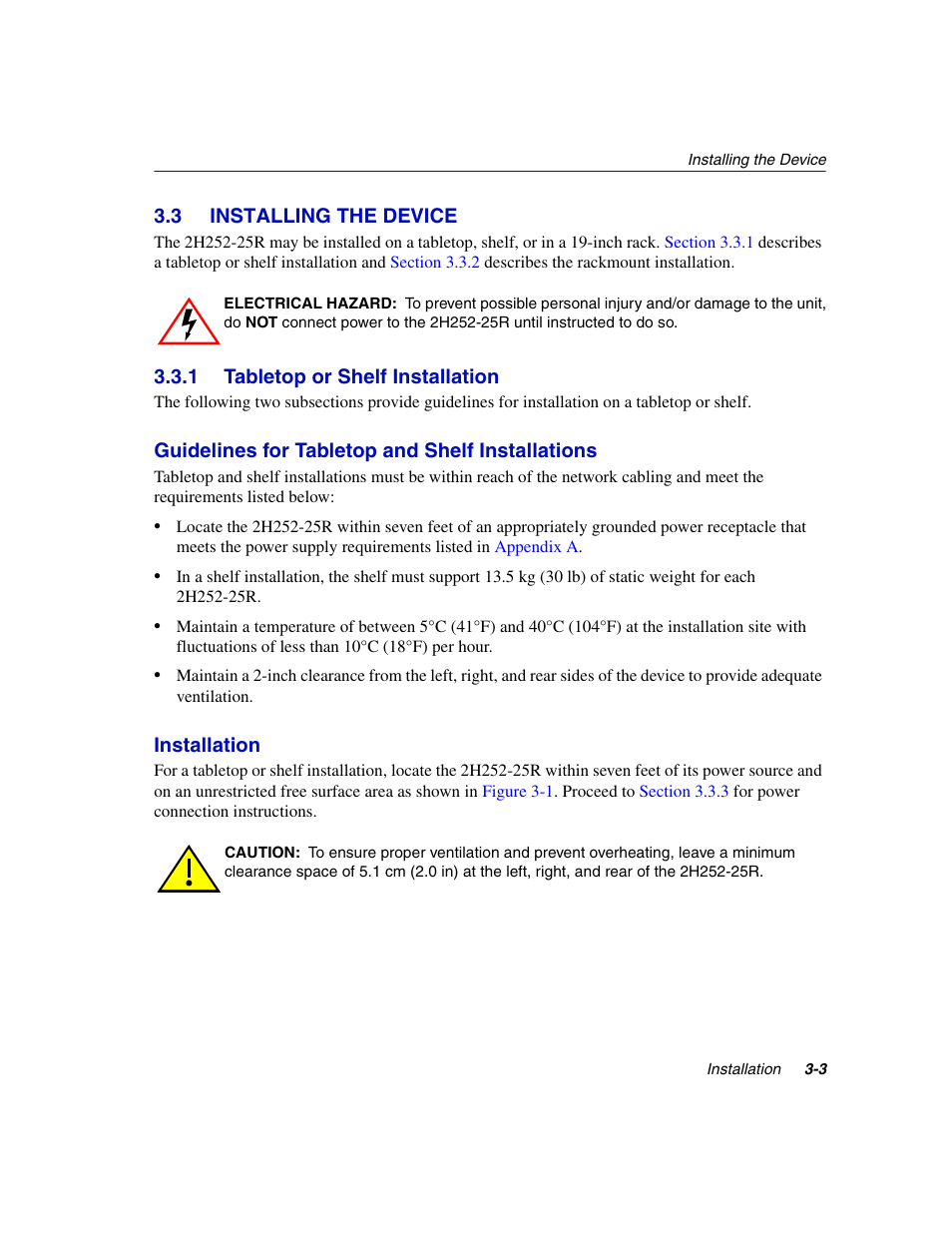 3 installing the device, 1 tabletop or shelf installation, Installing the device -3 3.3.1 | Tabletop or shelf installation -3, Section 3.3 | Enterasys Networks 2H252-25R User Manual | Page 29 / 64