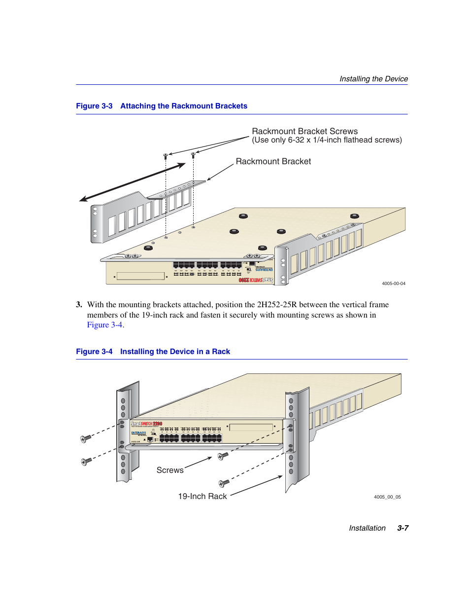Attaching the rackmount brackets, Installing the device in a rack, Rackmount bracket rackmount bracket screws | Screws 19-inch rack, Figure 3-4 installing the device in a rack, Telco console, Reset, Led mode rx-tx dpx-spd | Enterasys Networks 2H252-25R User Manual | Page 33 / 64