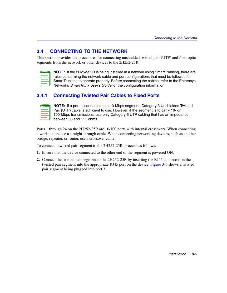 4 connecting to the network, 1 connecting twisted pair cables to fixed ports, Connecting to the network -9 3.4.1 | Connecting twisted pair cables to fixed ports -9, Section 3.4 | Enterasys Networks 2H252-25R User Manual | Page 35 / 64