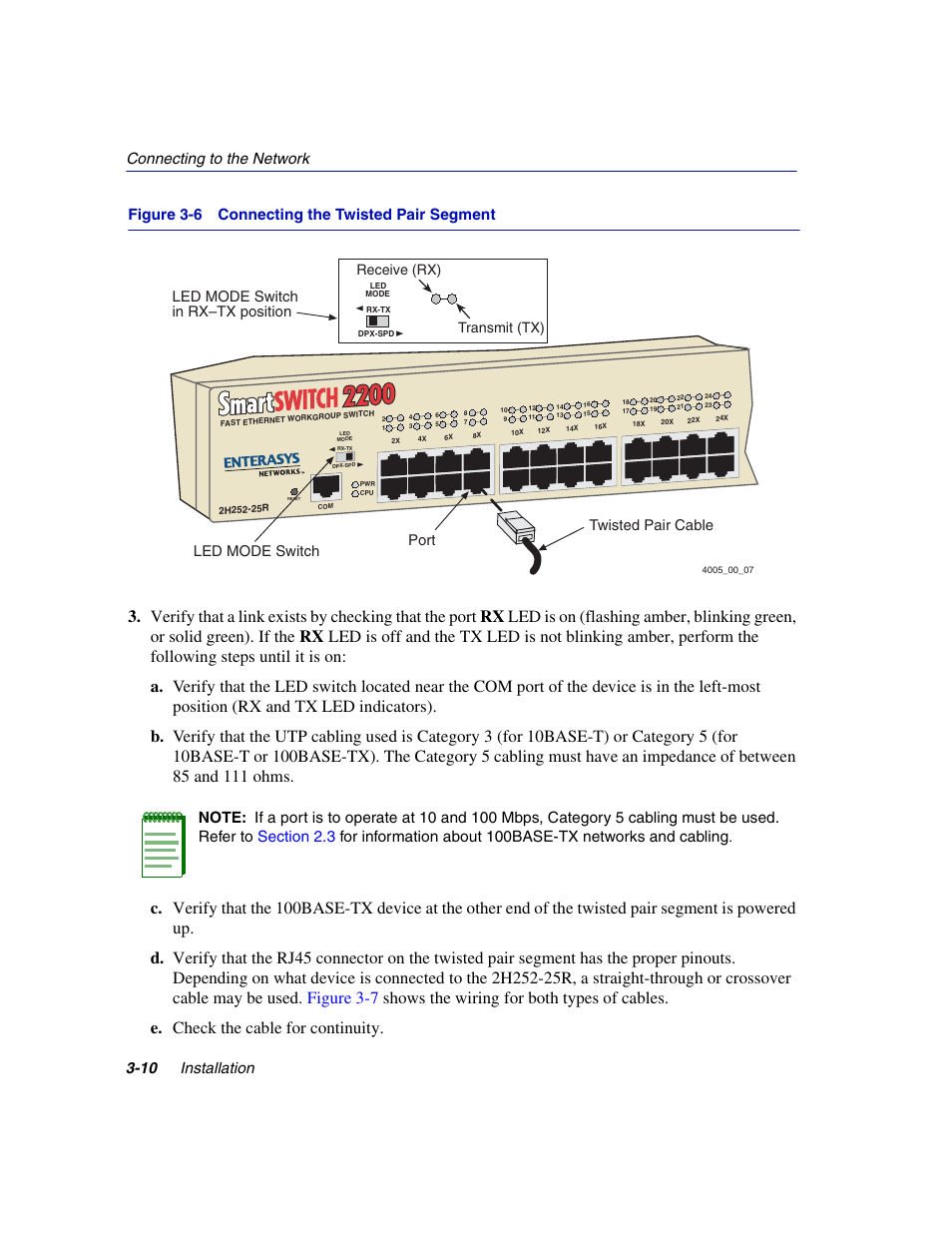 Connecting the twisted pair segment, Receive (rx) transmit (tx) | Enterasys Networks 2H252-25R User Manual | Page 36 / 64