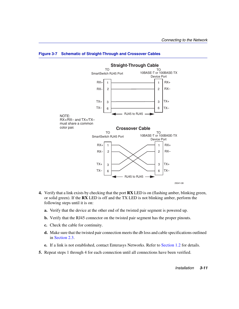 Schematic of straight-through and crossover cables, Used, Figure 3-7 | Straight-through cable crossover cable | Enterasys Networks 2H252-25R User Manual | Page 37 / 64