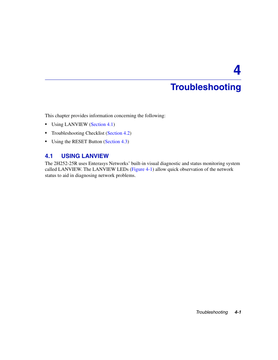 Troubleshooting, 1 using lanview, Using lanview -1 | Chapter 4 | Enterasys Networks 2H252-25R User Manual | Page 39 / 64