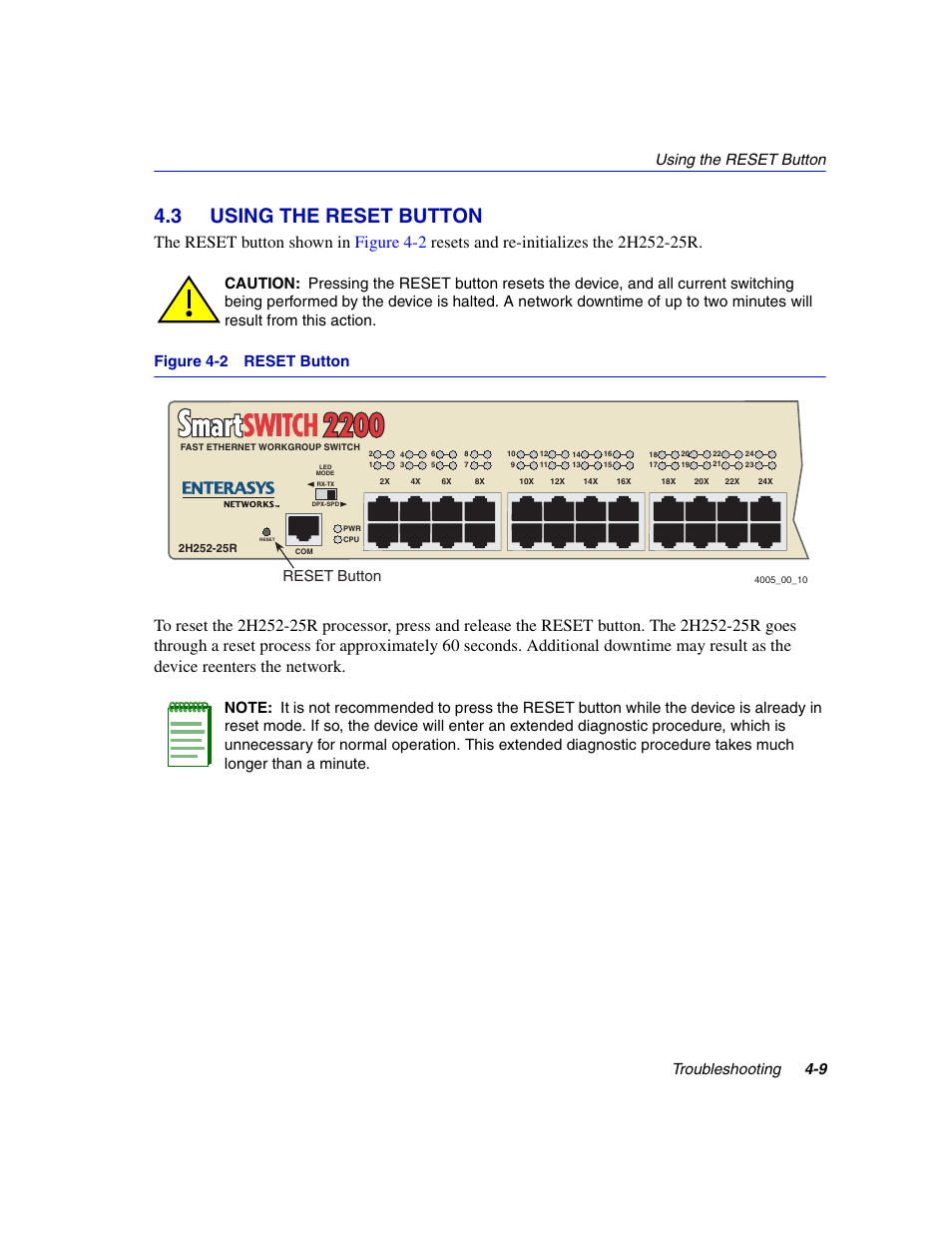 3 using the reset button, Using the reset button -9, Reset button | Section 4.3, Using the reset button troubleshooting 4-9, Figure 4-2 reset button | Enterasys Networks 2H252-25R User Manual | Page 47 / 64