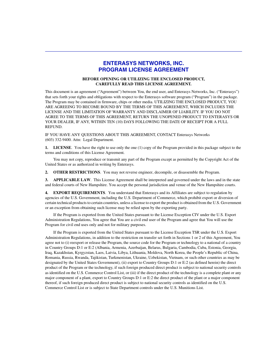 Enterasys networks, inc. program license agreement | Enterasys Networks 2H252-25R User Manual | Page 5 / 64