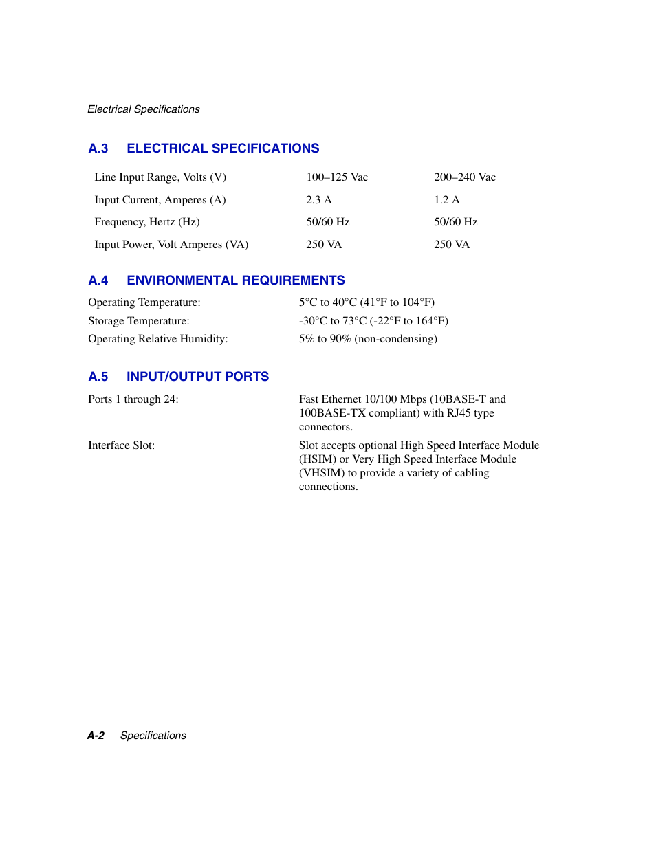 A.3 electrical specifications, A.4 environmental requirements, A.5 input/output ports | Enterasys Networks 2H252-25R User Manual | Page 50 / 64