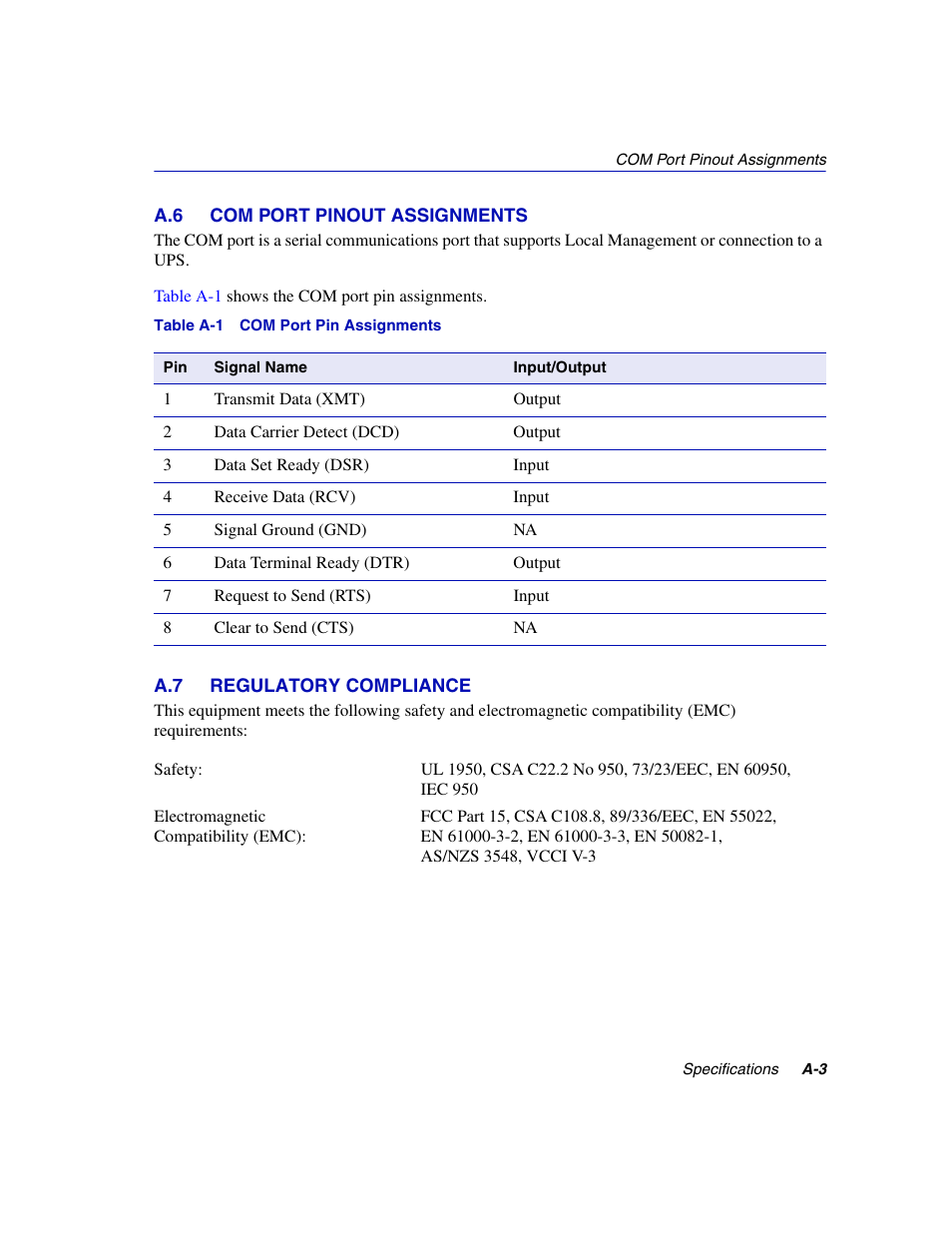 A.6 com port pinout assignments, A.7 regulatory compliance, Com port pin assignments | Enterasys Networks 2H252-25R User Manual | Page 51 / 64