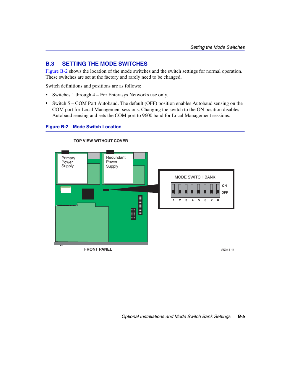 B.3 setting the mode switches, Mode switch location, Section b.3 | Enterasys Networks 2H252-25R User Manual | Page 57 / 64