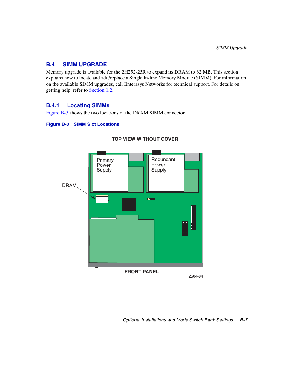 B.4 simm upgrade, B.4.1 locating simms, Simm slot locations | Section b.4 | Enterasys Networks 2H252-25R User Manual | Page 59 / 64