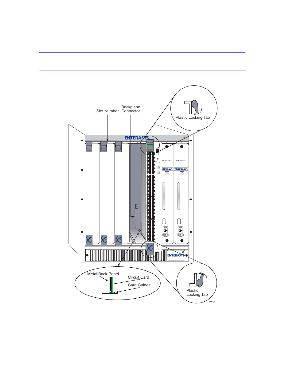 Installing a module into the 6c105 chassis, Figure 3-2, Group | Plastic locking tab plastic locking tab | Enterasys Networks 6H302-48 User Manual | Page 32 / 58