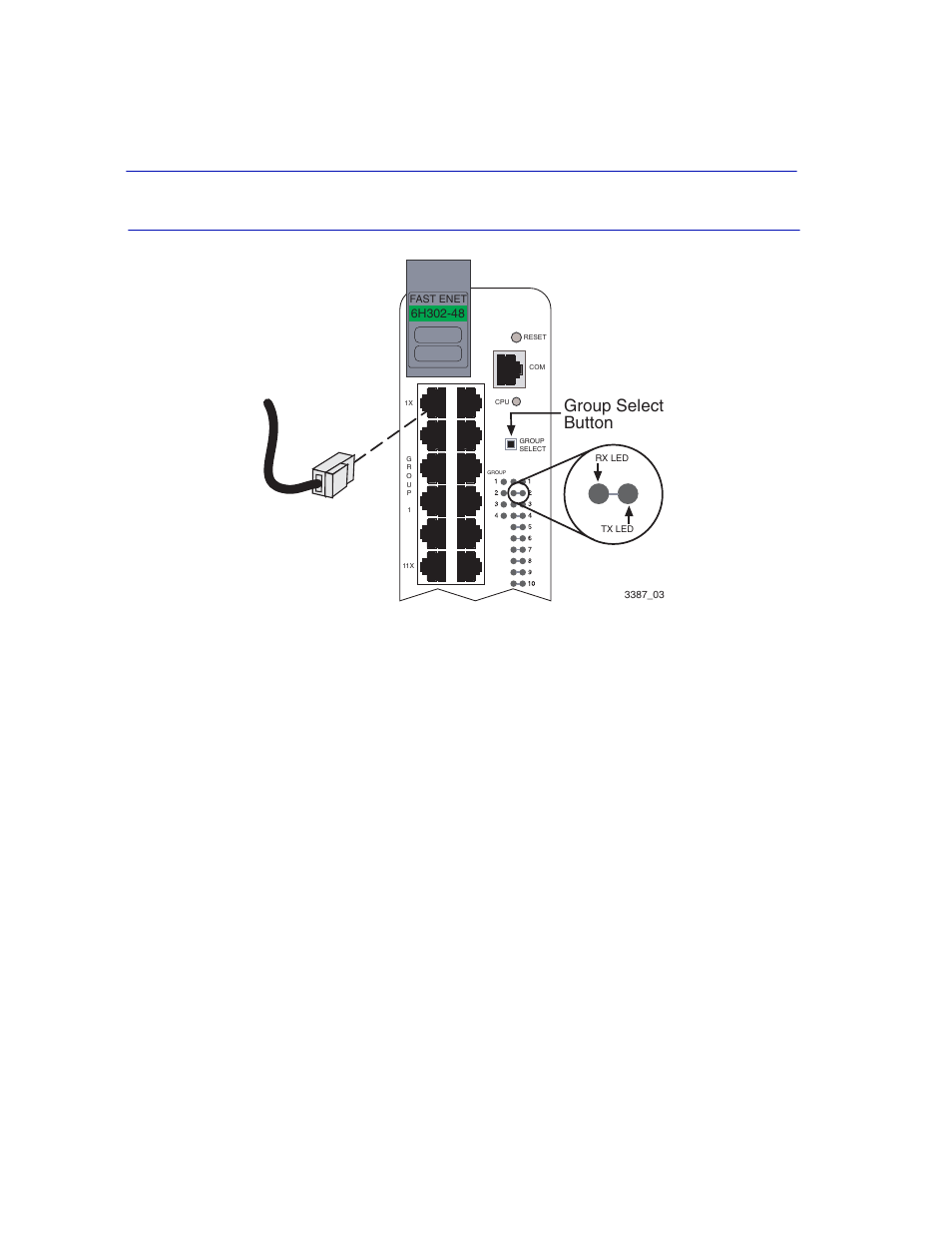 Connecting a twisted pair segment to the 6h302-48, Figure 3-3, Group select button | Enterasys Networks 6H302-48 User Manual | Page 34 / 58