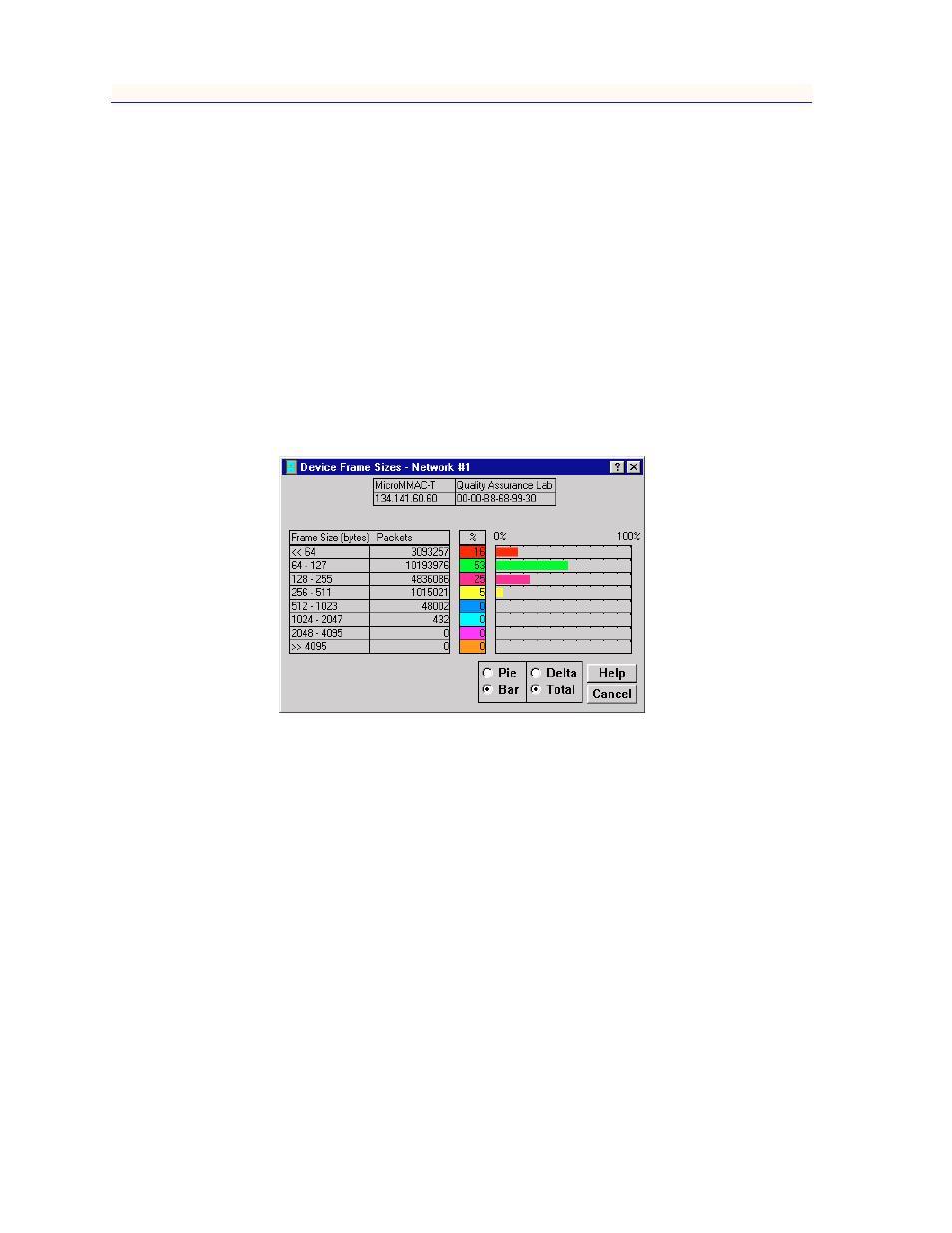 The frame size window, Total and delta graph display, The frame size window -12 | Total and delta graph display -12 | Enterasys Networks MicroMMAC-T User Manual | Page 68 / 108