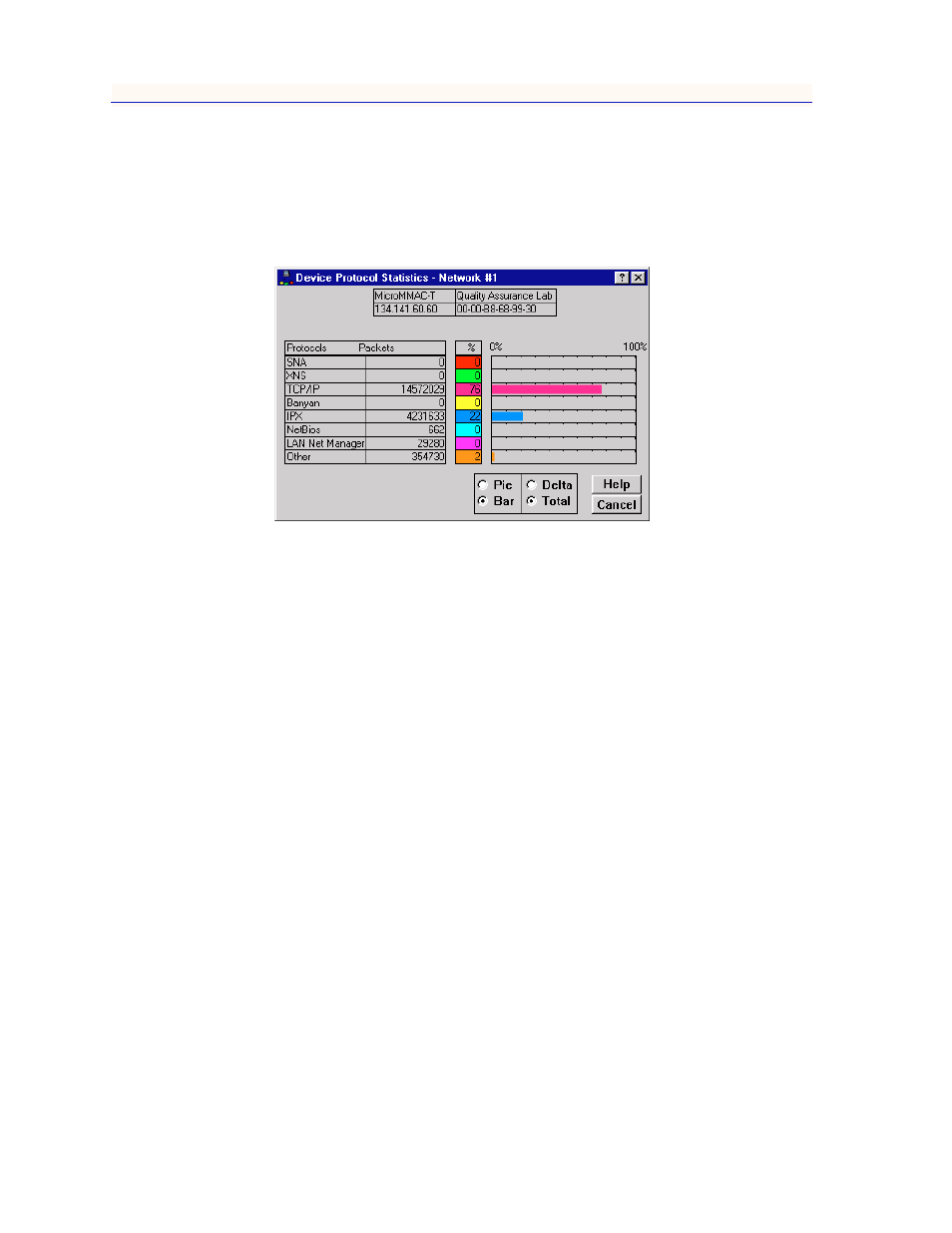 The protocol statistics window, Total and delta graph display, The protocol statistics window -14 | Total and delta graph display -14 | Enterasys Networks MicroMMAC-T User Manual | Page 70 / 108