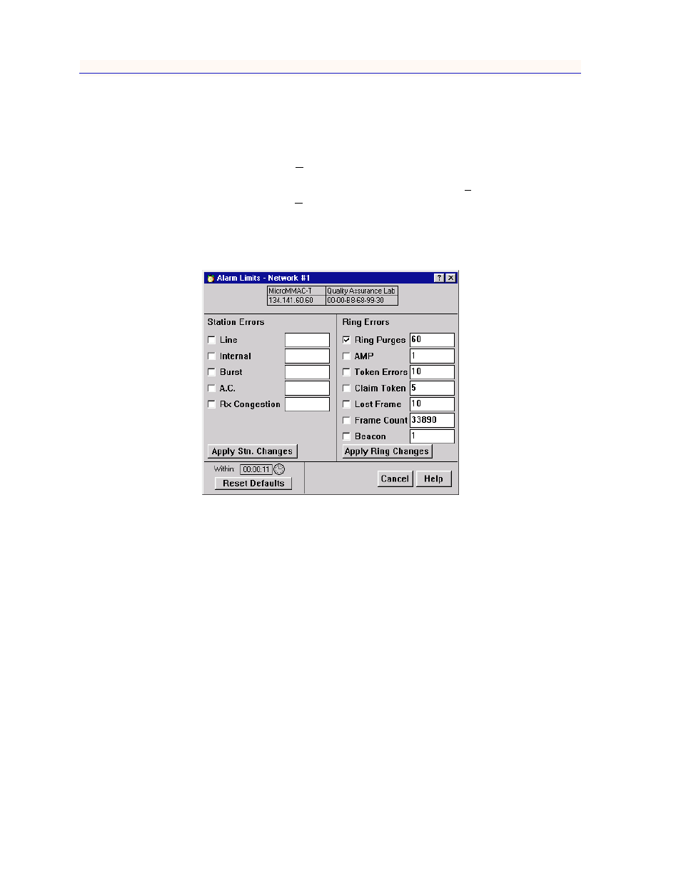 Accessing the alarm limits window, Ring-level alarm limits for network events | Enterasys Networks MicroMMAC-T User Manual | Page 84 / 108