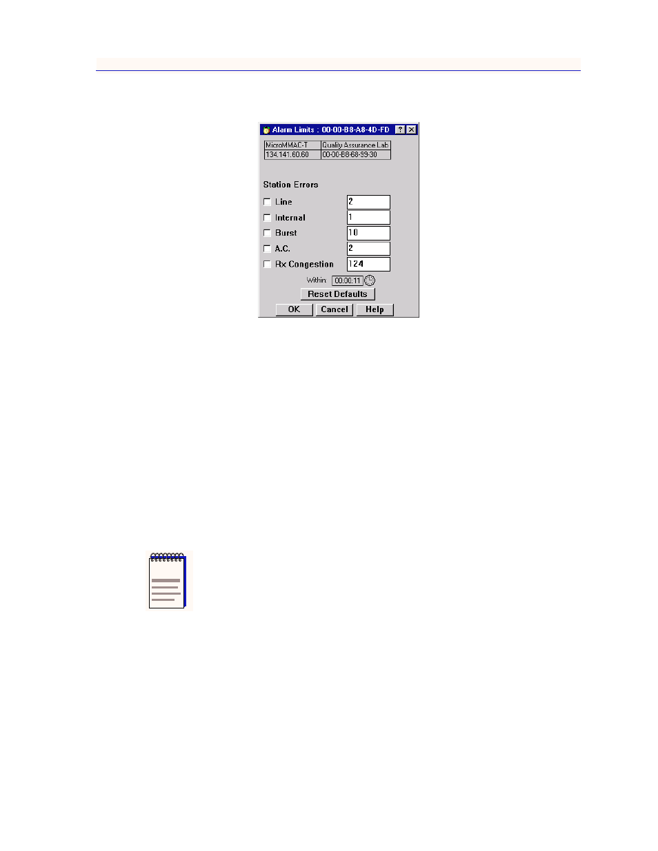Setting station-level alarm limits, Setting station-level alarm limits -7, Ndow | Figure 4-2, Setting station-level alarm, Limits | Enterasys Networks MicroMMAC-T User Manual | Page 89 / 108