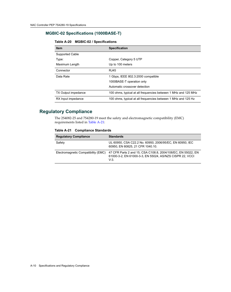 Mgbic-02 specifications (1000base-t), Regulatory compliance, A-20 | A-21, Table a‐20 | Enterasys Networks 7S4280-19-SYS User Manual | Page 100 / 108