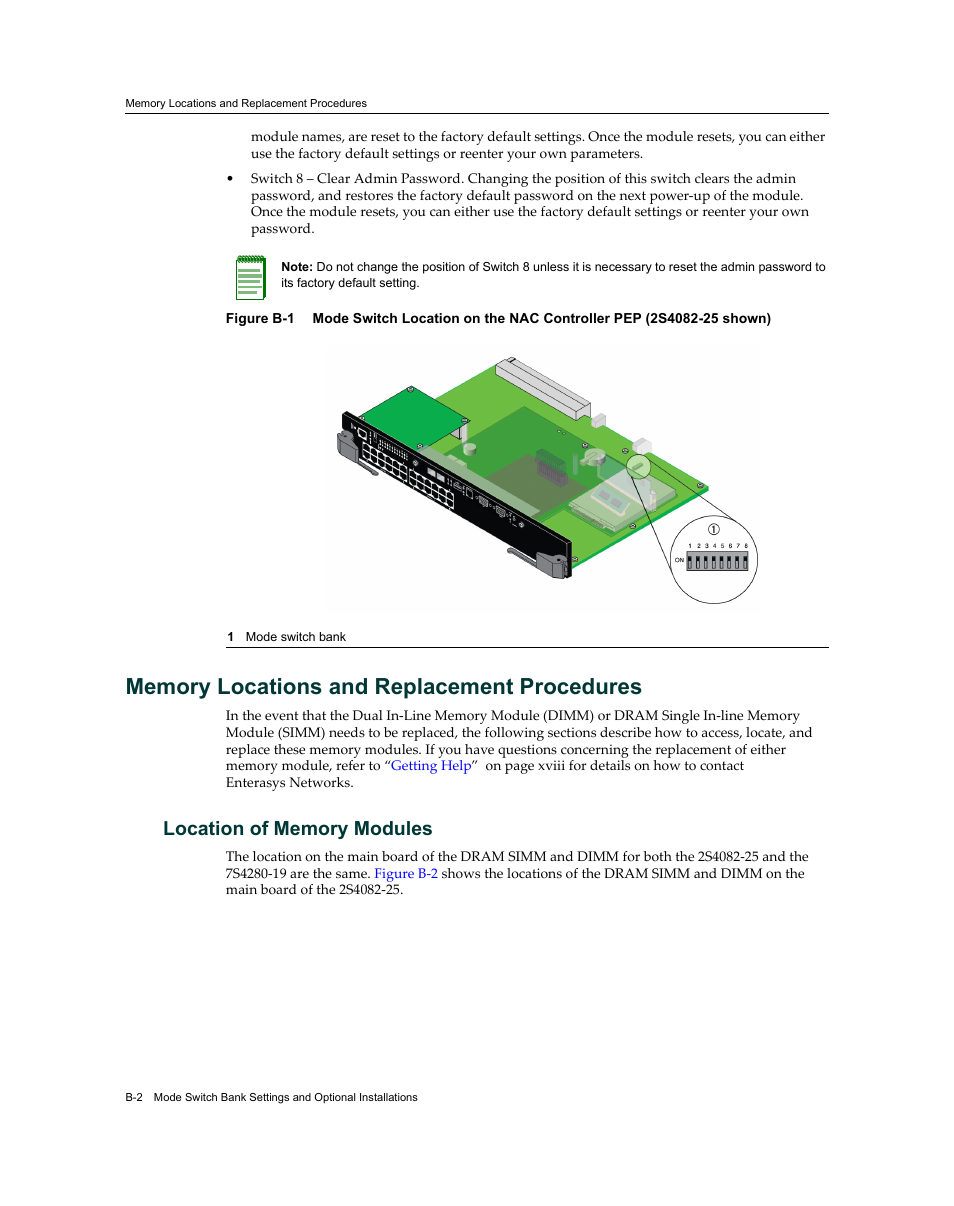 Memory locations and replacement procedures, Location of memory modules, Figure b‐1 | Enterasys Networks 7S4280-19-SYS User Manual | Page 102 / 108