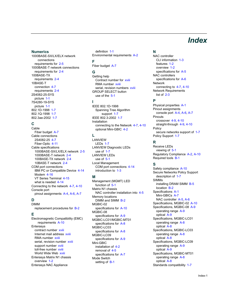 Index, Numerics | Enterasys Networks 7S4280-19-SYS User Manual | Page 107 / 108