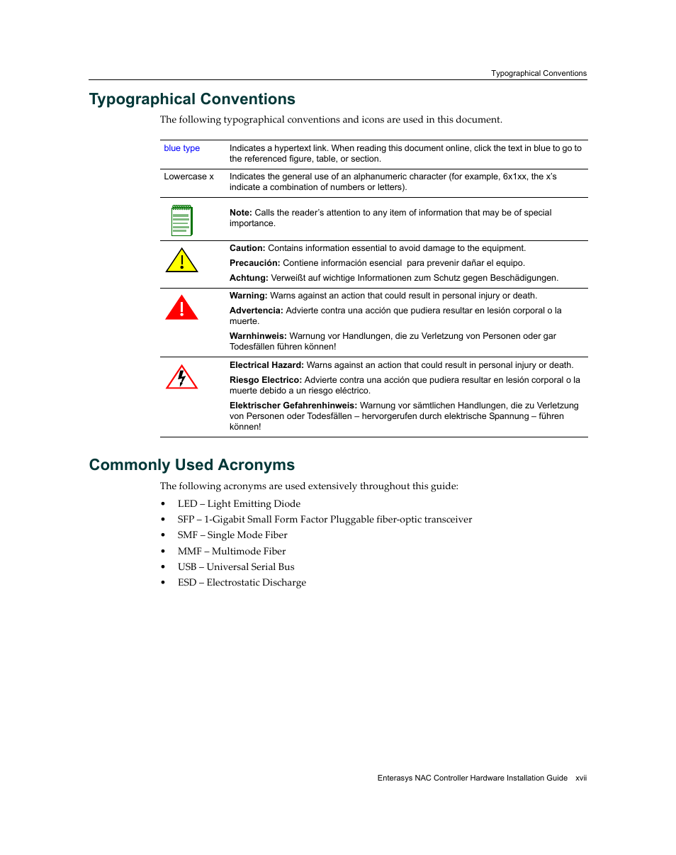 Typographical conventions, Commonly used acronyms | Enterasys Networks 7S4280-19-SYS User Manual | Page 19 / 108