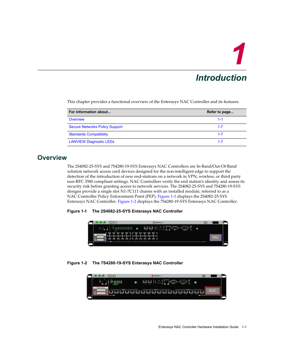 Introduction, Overview, Chapter 1: introduction | Overview -1, The 2s4082-25-sys enterasys nac controller -1, The 7s4280-19-sys enterasys nac controller -1 | Enterasys Networks 7S4280-19-SYS User Manual | Page 21 / 108