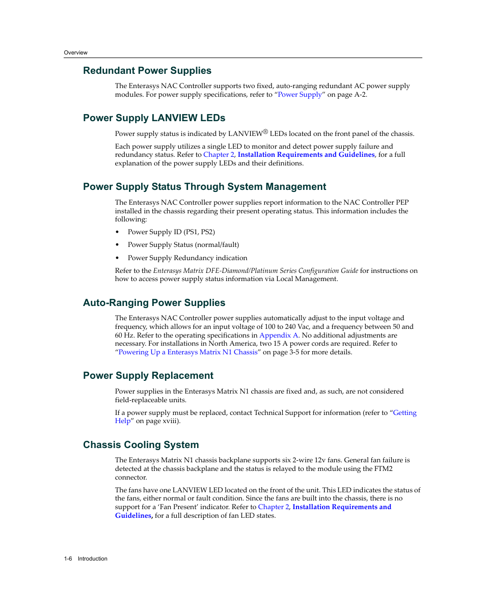 Redundant power supplies, Power supply lanview leds, Power supply status through system management | Auto-ranging power supplies, Power supply replacement, Chassis cooling system | Enterasys Networks 7S4280-19-SYS User Manual | Page 26 / 108